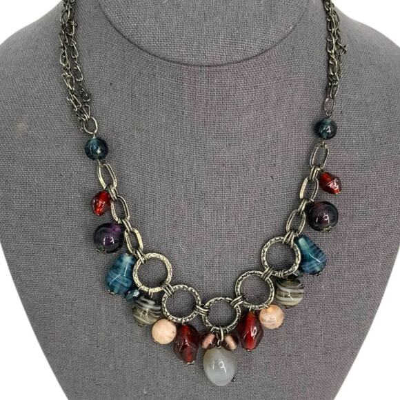 Premier Designs Vintage Signed Glass Bead Chain Link Necklace Red Blue - Picture 1 of 6
